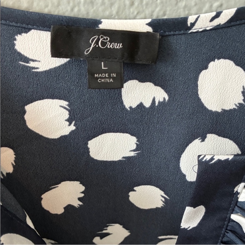 J. Crew Long Sleeve Ruffle Front Navy and White Brushstroke Print Blouse Large - Picture 5 of 10